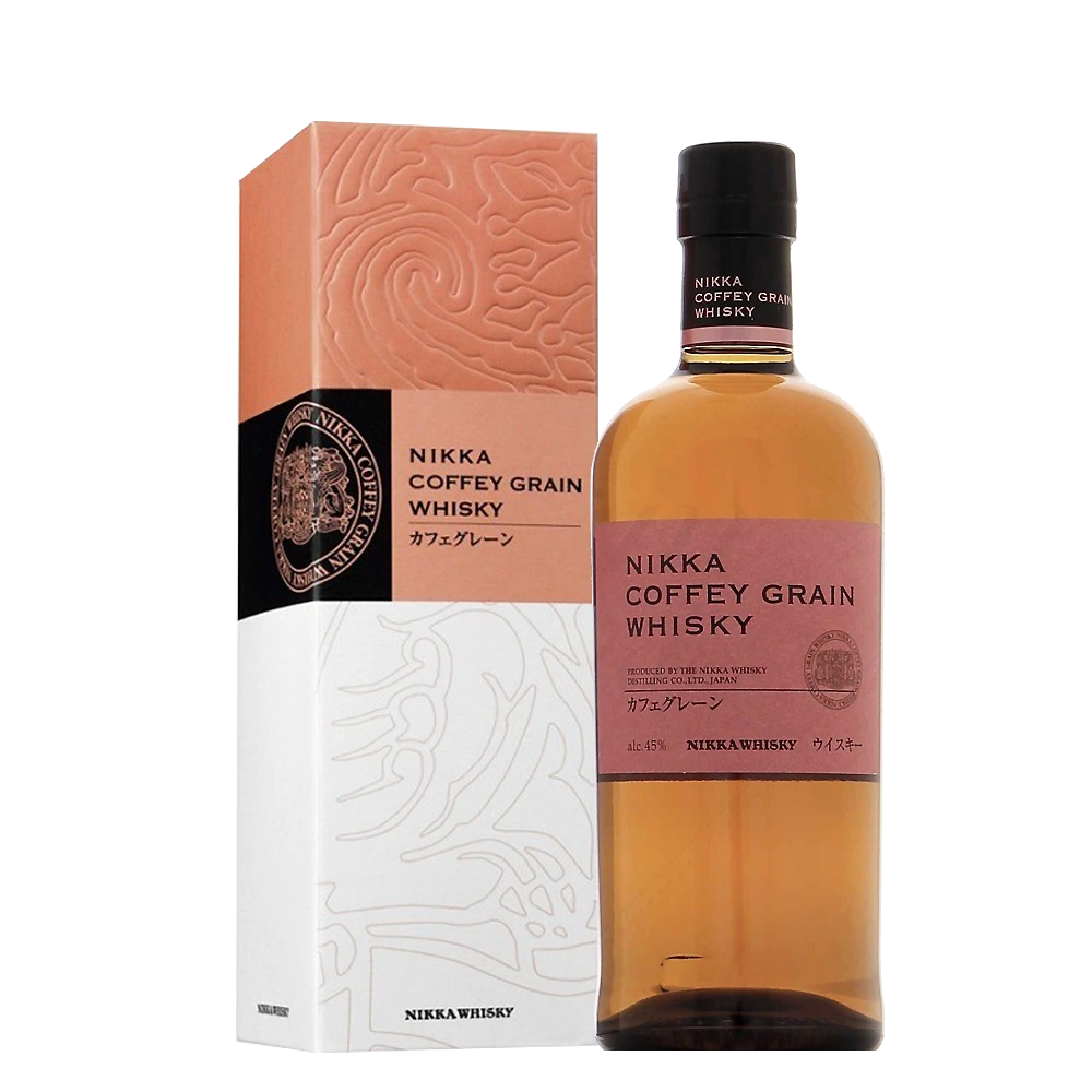 Nikka Coffey Grain Whisky-70-C Bouteille de Nikka Coffey Grain Whisky avec son emballage assorti couleur pêche, étiquette rose et gravures.