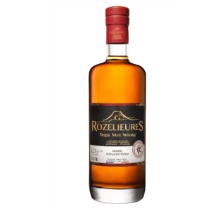 Whisky Rozelieures Origine Collection 70cl, bouteille en verre ambré avec étiquette noir et doré et bouchon rouge.