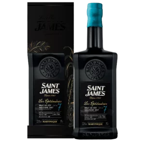 SAINT JAMES Les Éphémères 7 - Spirit Bacchus: bouteille noire élégante avec bouchon turquoise et boîte décorative assortie.