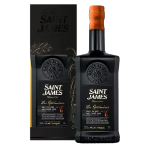Bouteille sombre de Saint James Les Éphémères 6 – Spirit Bacchus, boîte cadeau noire élégante assortie, étiquette dorée et motif relief Saint James.