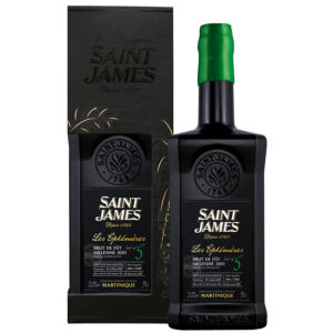 Bouteille Saint James Les Éphémères 5 Spirit Bacchus, présente dans son étui noir élégant avec étiquettes dorées et logo Saint James.