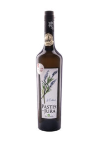 Pastis du Jura Pontarlier 45° en bouteille sombre, étiquette illustrant de la lavande et des herbes locales.