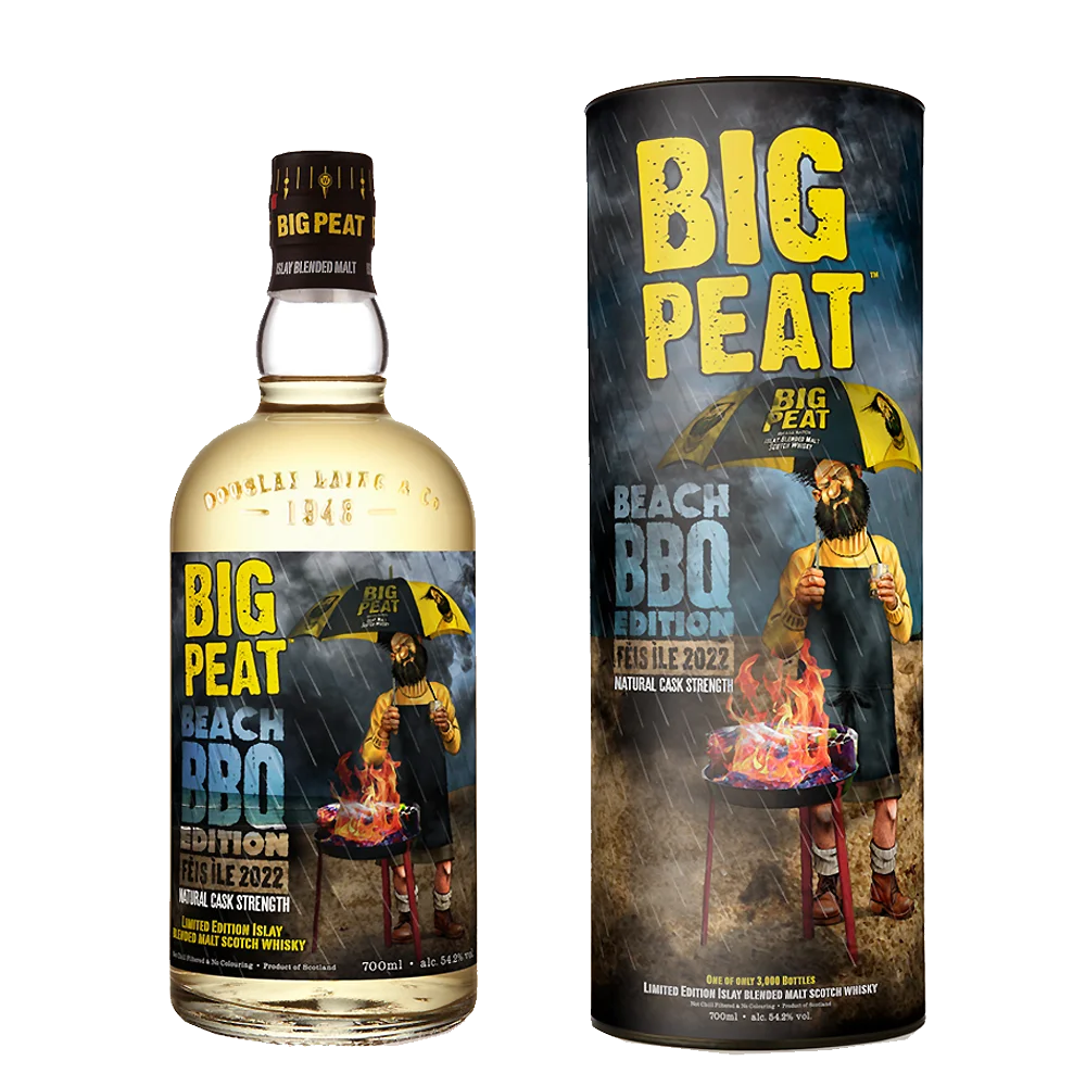 Big peat BBQ Feis isle 2022-70Cl-Etui Bouteille et boîte de Big Peat Beach BBQ Edition 2022 - Sprit Bacchus, whisky écossais en édition limitée avec design plage et barbecue.