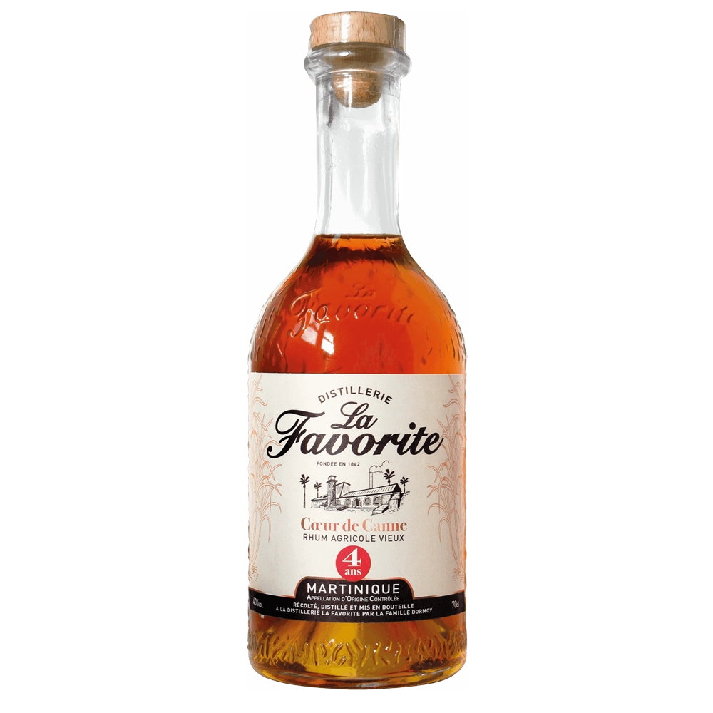 La Favorite Coeur de canne ambré 4 ans-70-Cl Bouteille de rhum vieux La Favorite Coeur de Canne ambré 4 ans, distillerie Martinique, étiquette orange et gravure Coeur de Canne.