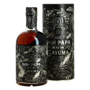 Rhum Don Papa Gayuma 70cl, bouteille sombre avec étui noir argenté orné de motifs floraux et texte Don Papa Gayuma.