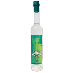 Bouteille d’absinthe translucide avec étiquette verte montrant un visage et le texte “absinthe legislation france” intégré naturellement dans la description.