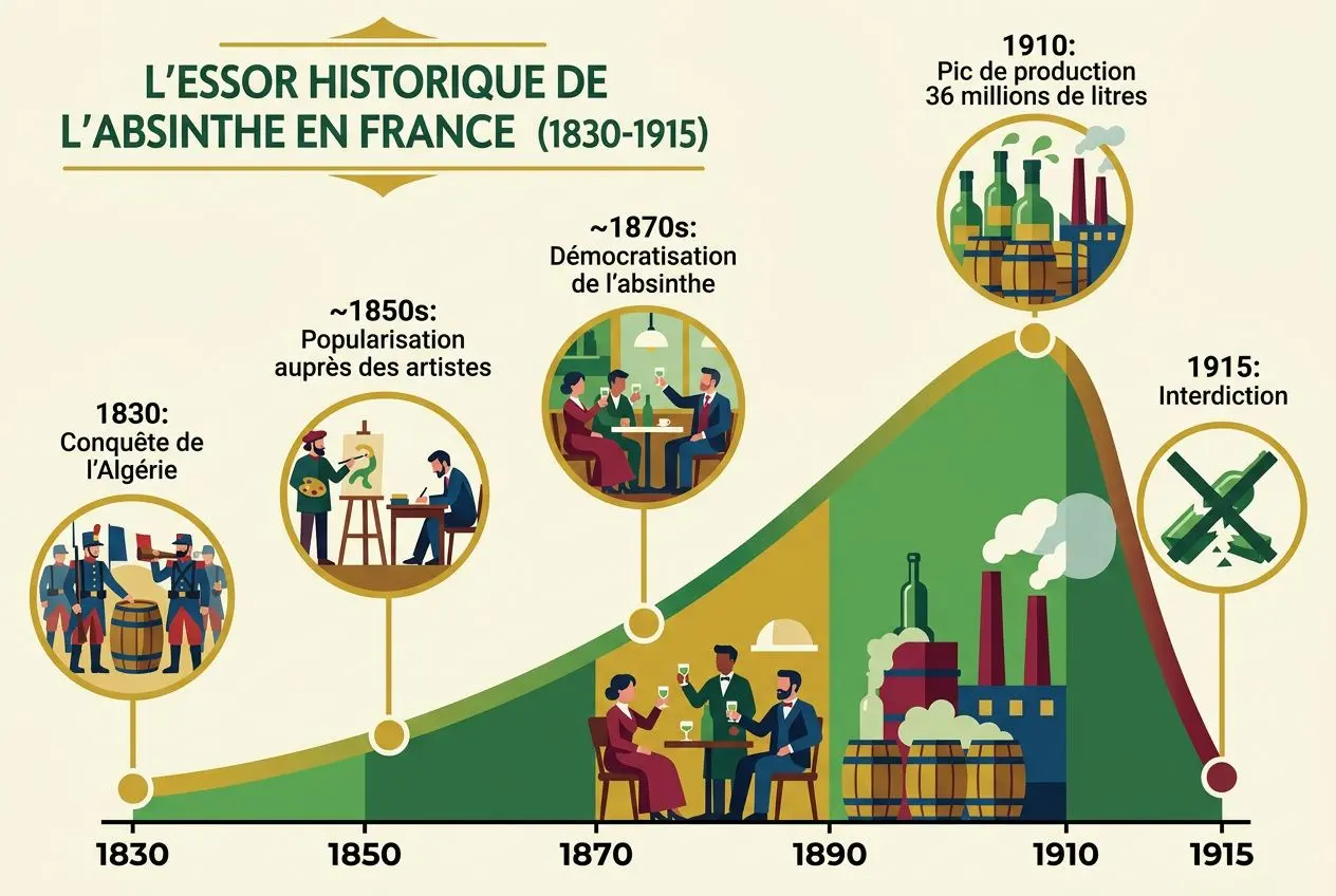 Ligne du temps illustrée sur l’absinthe en France (1830-1915) montrant les jalons: conquête de l’Algérie, popularisation des artistes, démocratisation, pic de production, interdiction en 1915. Absinthe legislation france et evolution légale.