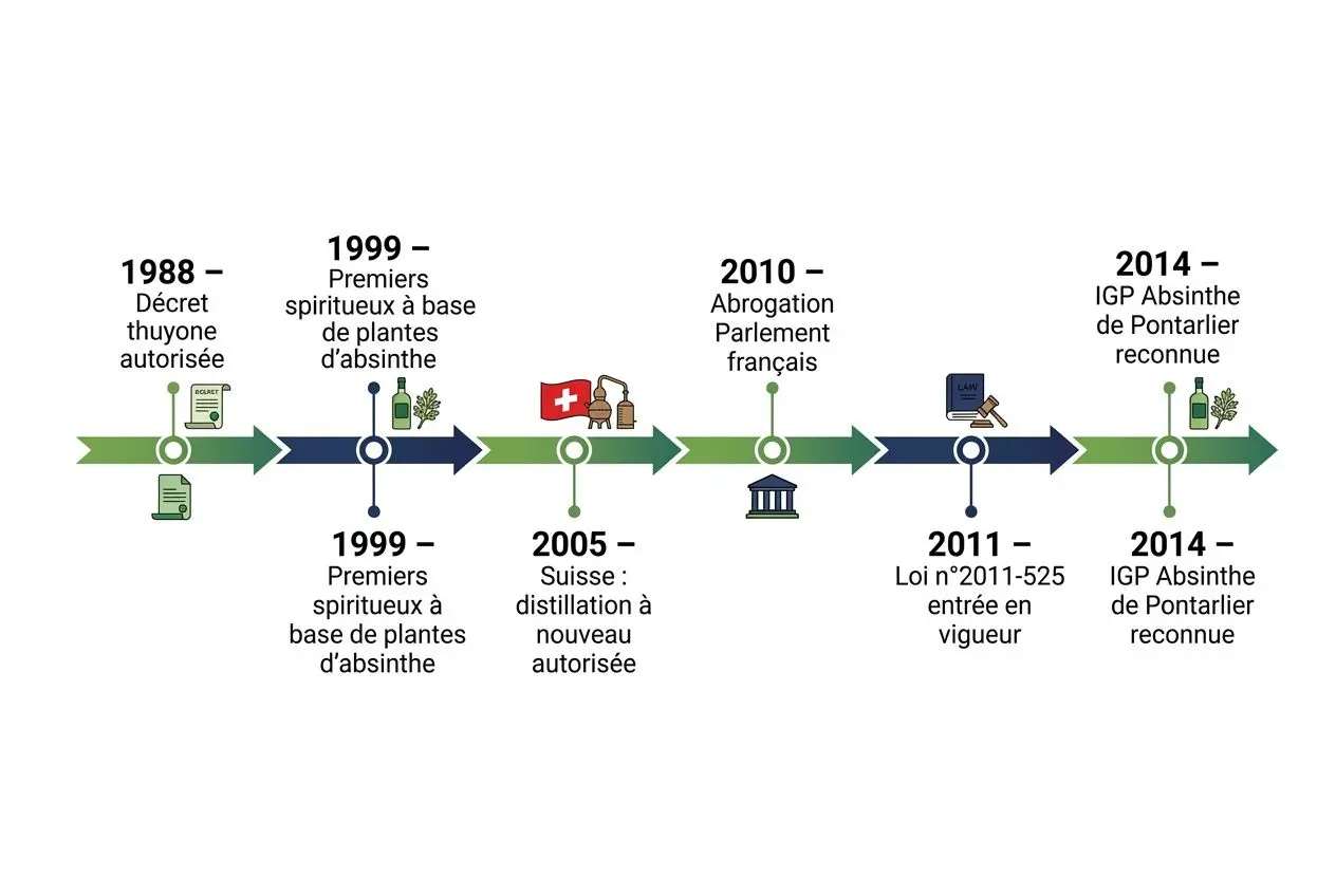 Ligne du temps sur labsinthe avec plusieurs étapes: autorisation, interdiction et réautorisation, marquée par des icônes et dates (1988, 1999, 2005, 2010, 2011 et 2014) dans le cadre de absinthe legislation france