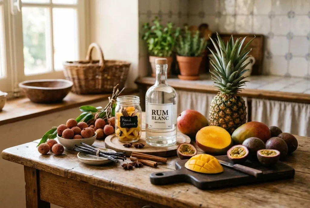 Rhum blanc et fruits exotiques sur plan de bois, avec ananas, mangue et fruits frais. Mélanges d’épices, zestes et gousses en ambiance cuisine maison, parfait pour le meilleur rhum arrangé recette.