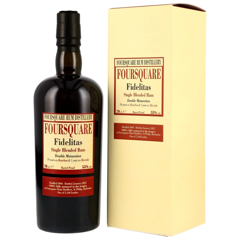 Bouteille de rhum Foursquare Fidelitas 70 cl avec boîte de présentation, logo Foursquare, étiquette rouge et jaune.