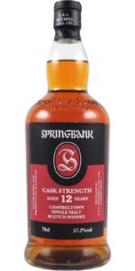 Springbank 12 ans 2024 : single malt scotch whisky brut 57,2% visible sur une bouteille ambrée de 70 cl, étiquette noire et rouge.