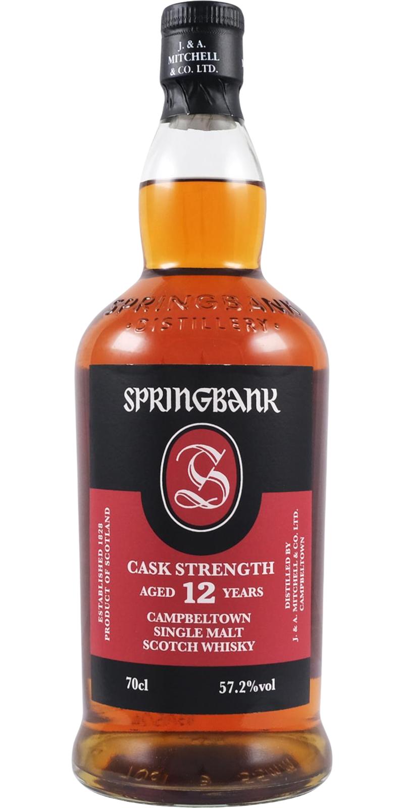 Springbank-12-ans-57.2 Springbank 12 ans 2024 : single malt scotch whisky brut 57,2% visible sur une bouteille ambrée de 70 cl, étiquette noire et rouge.