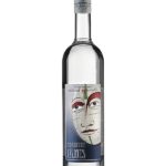 Absinthe verte suisse Die grüne Fee Janis 70cl en bouteille transparente avec étiquette artistique au visage blanc et bleu.