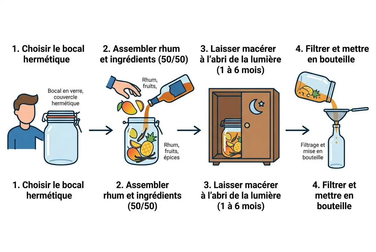 Guide visuel des étapes pour accords mets et rhum dégustation: choix du bocal, assemblage rhum et ingrédients, macération à l’abri de la lumière, filtration et mise en bouteille.