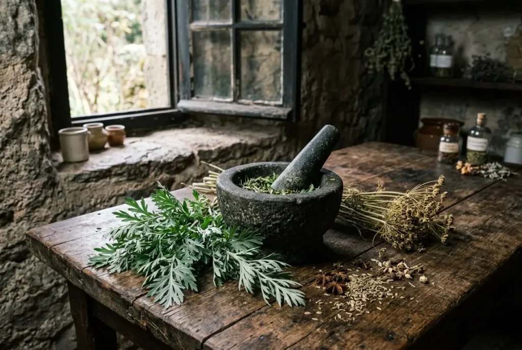 Herbes et mortier sur table en bois; branches de persil ou anis et plantes sèches près d’un mortier, ambiance ancienne en cuisine rustique. pourquoi l'absinthe a été interdite en suisse (intégré)