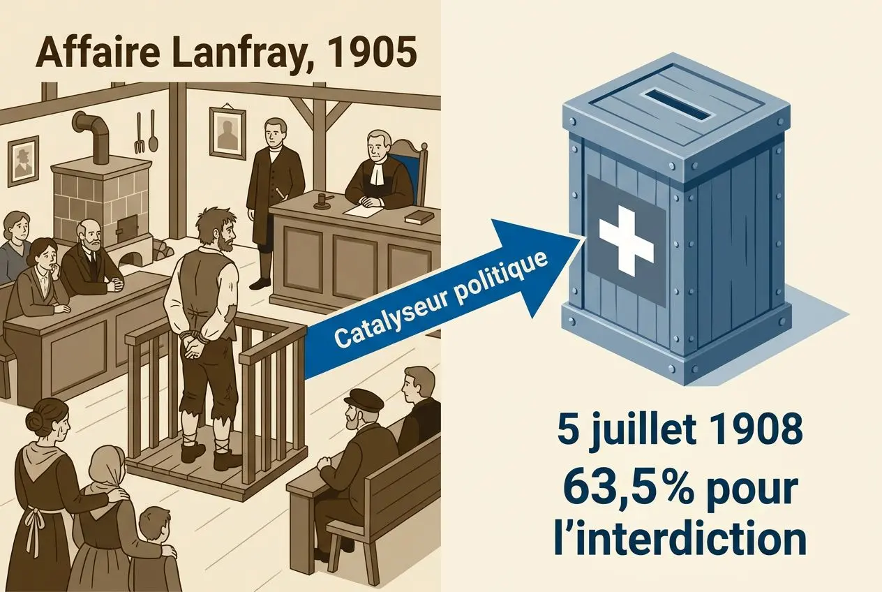 Illustration historique: Affaire Lanfray 1905 avec tribunal; mineur et public réuni, texte 5 juillet 1908 pour l’interdiction et 63,5% pour l’interdiction. Intègre pourquoi l'absinthe a été interdite en suisse.