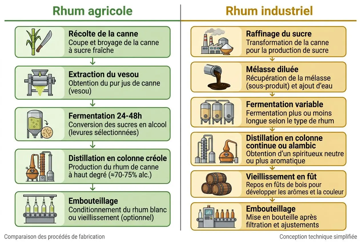 Processus de fabrication du rhum: rhum agricole et rhum industriel, étapes claires avec icônes et légendes. Inclut récollection, extraction du vesou, fermentation, distillation, embouteillage; et raffinage, mélasse, fermentation, distillation, vieillissement en fûts, embouteillage. Métaphore visuelle en comparaison des procédés. Inclut le thème "guide dégustation rhum haut gamme" dans le contexte.