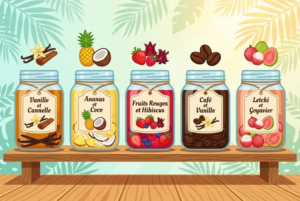 Quatre bouteilles de rhum aromatisé sur une table, avec des étiquettes "Vanille et Cannelle", "Ananas et Coco", "Fruits Rouges et Hibiscus", "Café et Vanille" et "Letchi et Goyavier"; fruits et épices décoratifs au-dessus, ambiance tropicale. accords mets et rhum dégustation