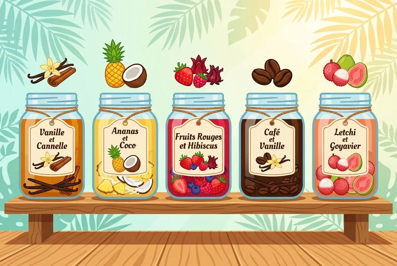 Quatre bouteilles de rhum aromatisé sur une table, avec des étiquettes "Vanille et Cannelle", "Ananas et Coco", "Fruits Rouges et Hibiscus", "Café et Vanille" et "Letchi et Goyavier"; fruits et épices décoratifs au-dessus, ambiance tropicale. accords mets et rhum dégustation