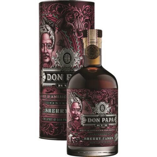 Rhum ambré agricole dégustation : bouteille Don Papa Sherry Cask avec emballage décoratif noir et violette, étiquette détaillée.