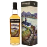 Bouteille de Torabhaig Taigh - Spirit Bacchus avec son emballage boîte illustrée de paysages des Highlands.