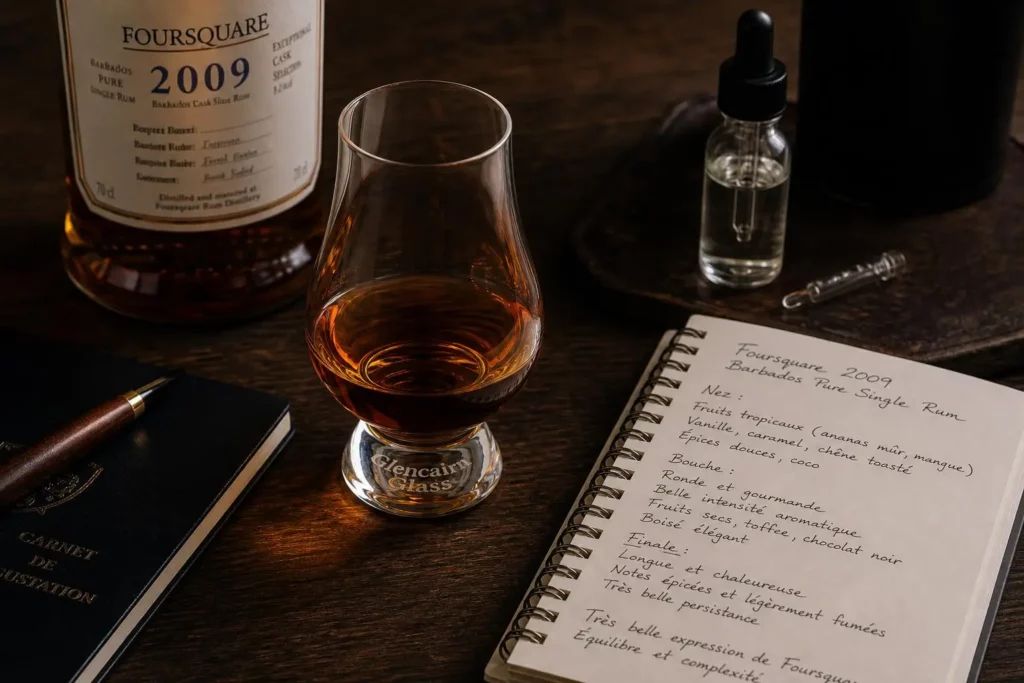 Verre à rhum ambré dans un kit de dégustation avec flacon compte-gouttes et carnet de notes, ambiance dégustation haut de gamme pour guide dégustation rhum haut gamme.