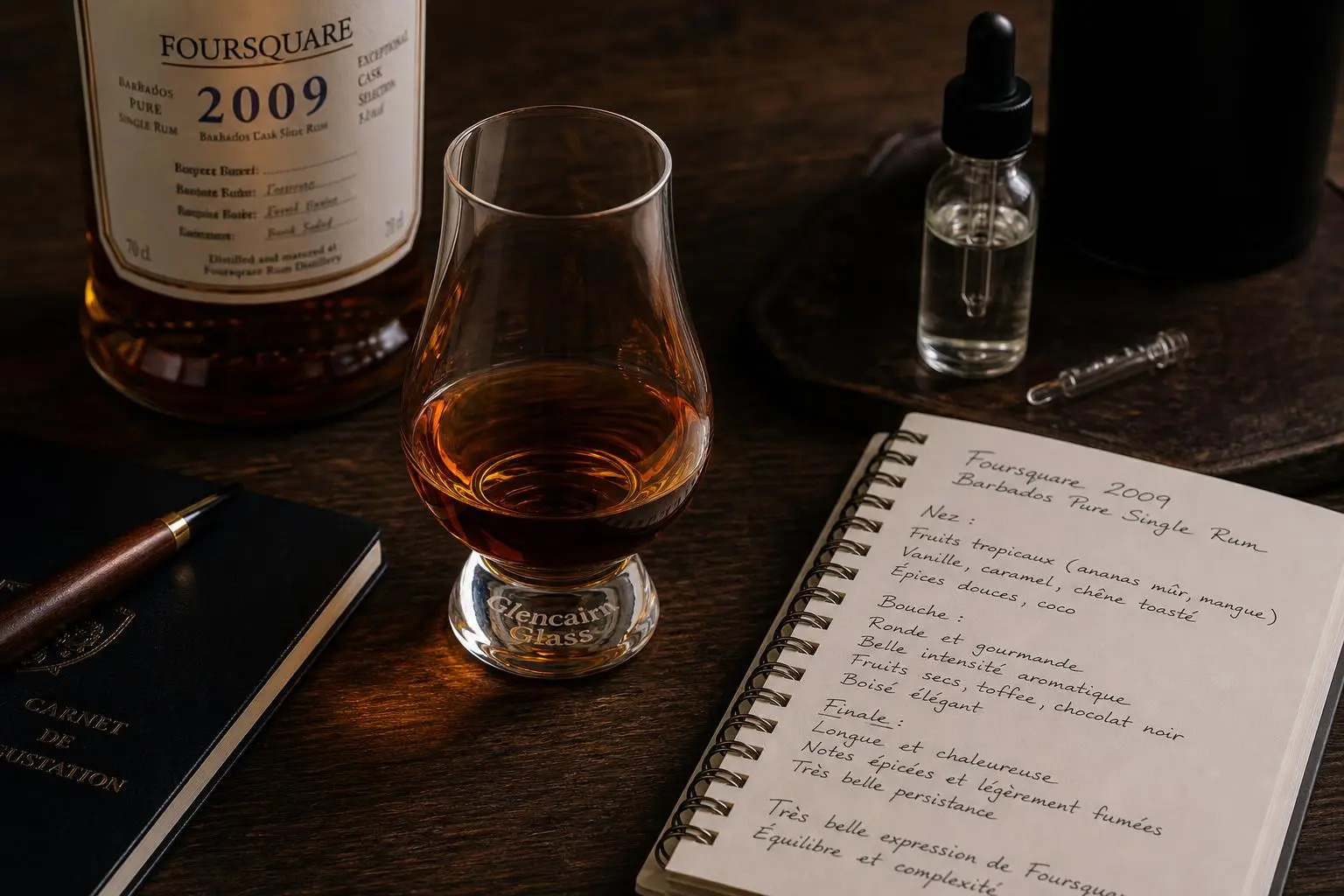 Verre à rhum ambré dans un kit de dégustation avec flacon compte-gouttes et carnet de notes, ambiance dégustation haut de gamme pour guide dégustation rhum haut gamme.