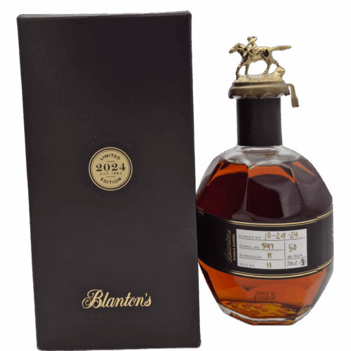 Bourbon Blanton's single barrel 597 70cl – bouteille tuilée d’alcool ambré avec bouchon sculpté et boîte noire édition limitée 2024