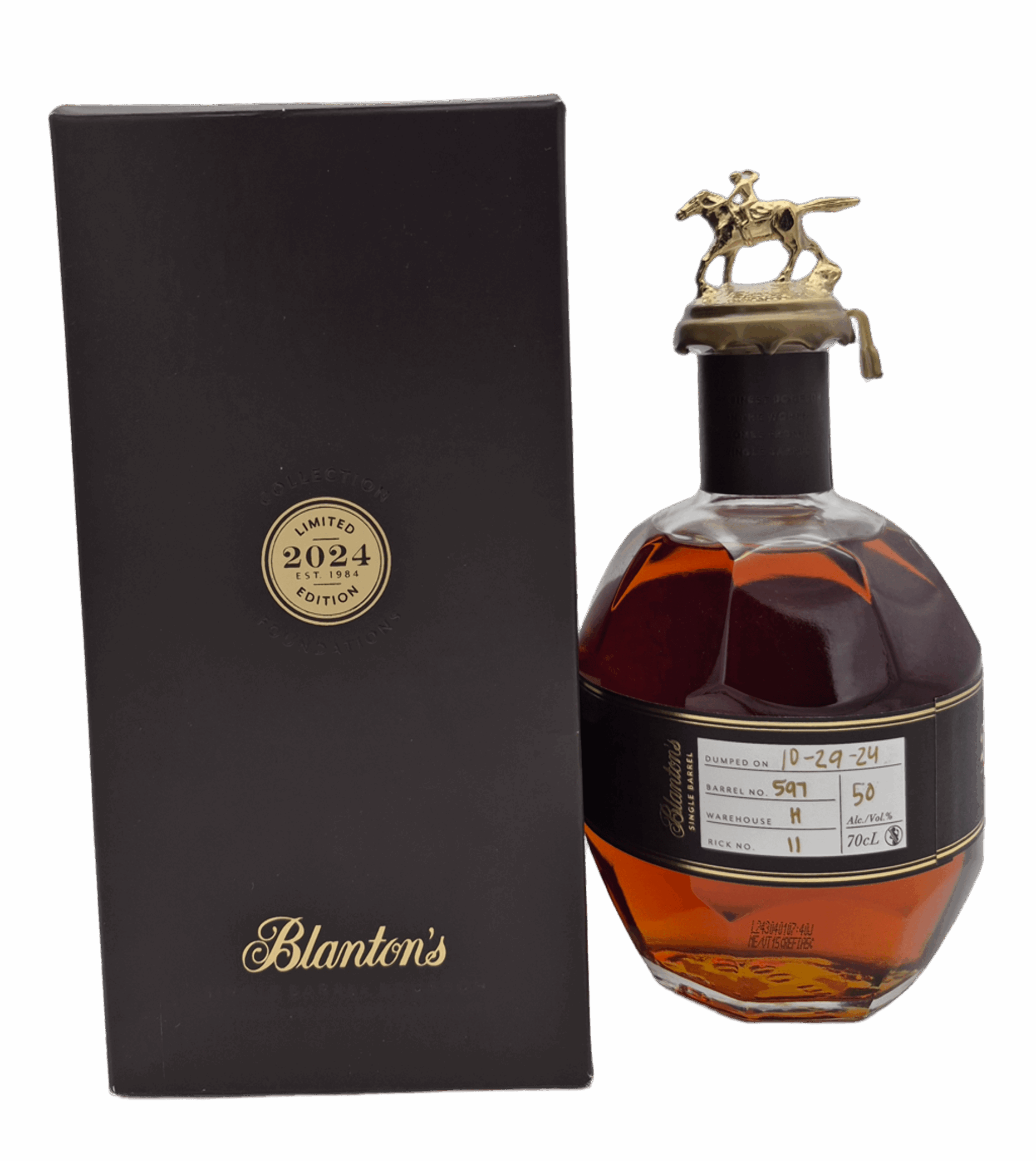 Blanton's-barrel-597 Bourbon Blanton's single barrel 597 70cl – bouteille tuilée d’alcool ambré avec bouchon sculpté et boîte noire édition limitée 2024