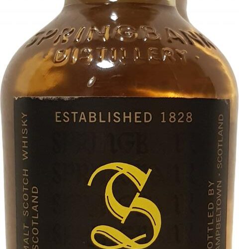 Whisky Springbank 10 ans Yellow label, bouteille de 70 cl, Single Malt écossais color ambre, étiquette noire avec logo jaune et mention “Aged 10 years”.
