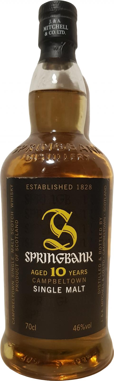 Springbank-10-ans-yellow-label Whisky Springbank 10 ans Yellow label, bouteille de 70 cl, Single Malt écossais color ambre, étiquette noire avec logo jaune et mention “Aged 10 years”.