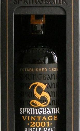 Whisky Springbank Vintage 2001 70cl dans sa boîte noire, étiquette dorée et logo Springbank, single malt.
