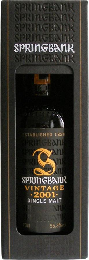 Springbank-vintage-2001 Whisky Springbank Vintage 2001 70cl dans sa boîte noire, étiquette dorée et logo Springbank, single malt.