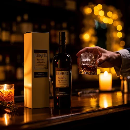 Rhum Foursquare Sassafras 70cl posé sur un bar, bouteille accompagnée d’un coffret, personne verse un servi à verre sur fond chaleureux. #Sassafras #Rhum Bacchus