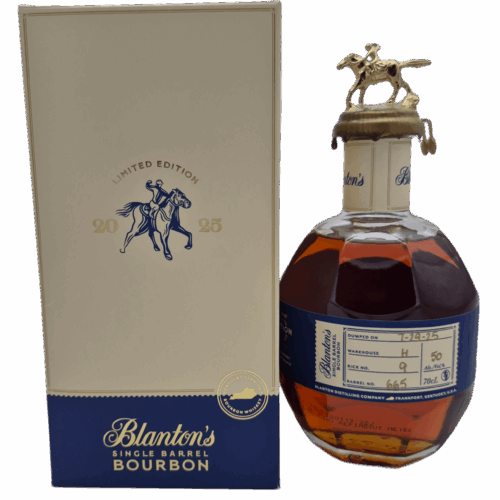 Bouteille de bourbon Blanton’s Single Barrel numéro 665, avec bouchon métallique équestre, accompagnée d’un emballage-carton “Limited Edition 2015-1995”, couleur ambrée.