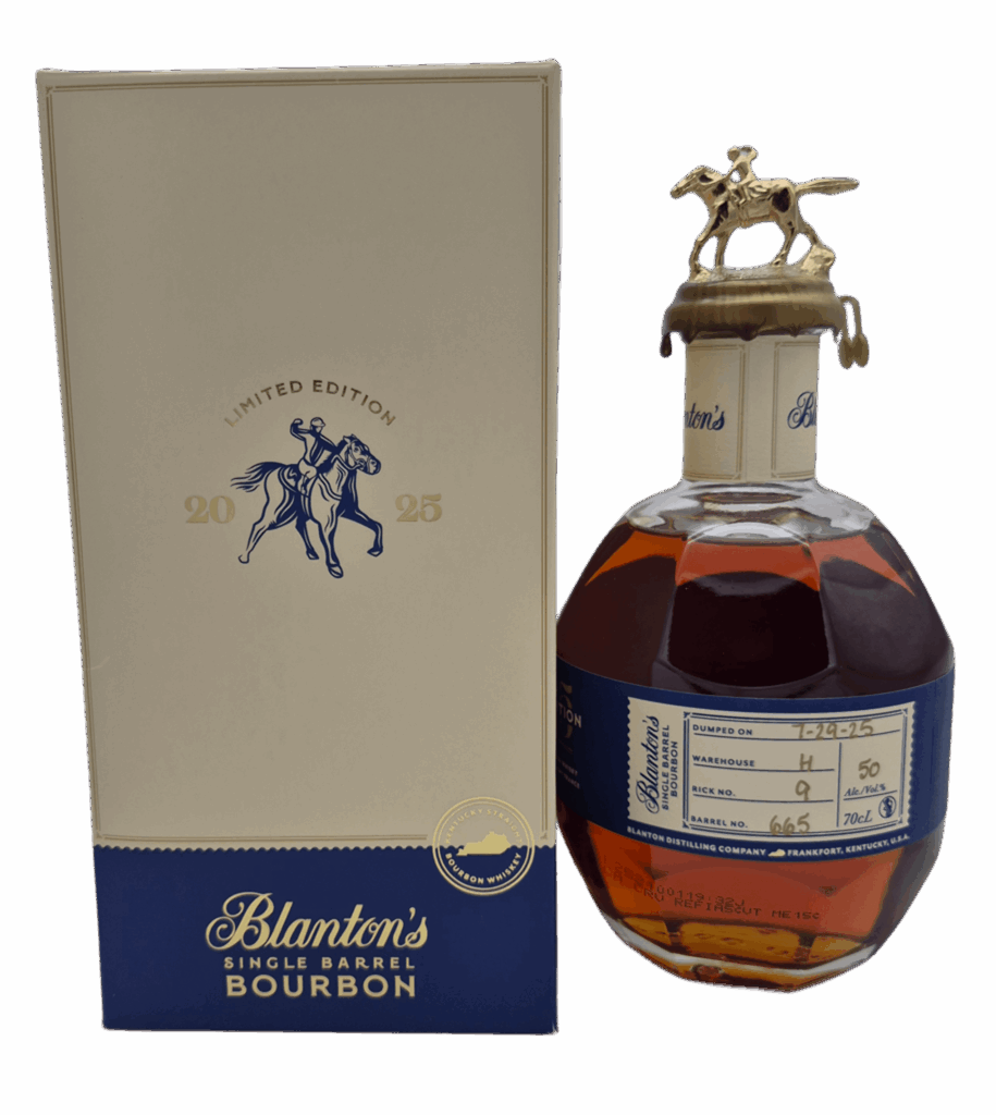 Bouteille de bourbon Blanton’s Single Barrel numéro 665, avec bouchon métallique équestre, accompagnée d’un emballage-carton “Limited Edition 2015-1995”, couleur ambrée.