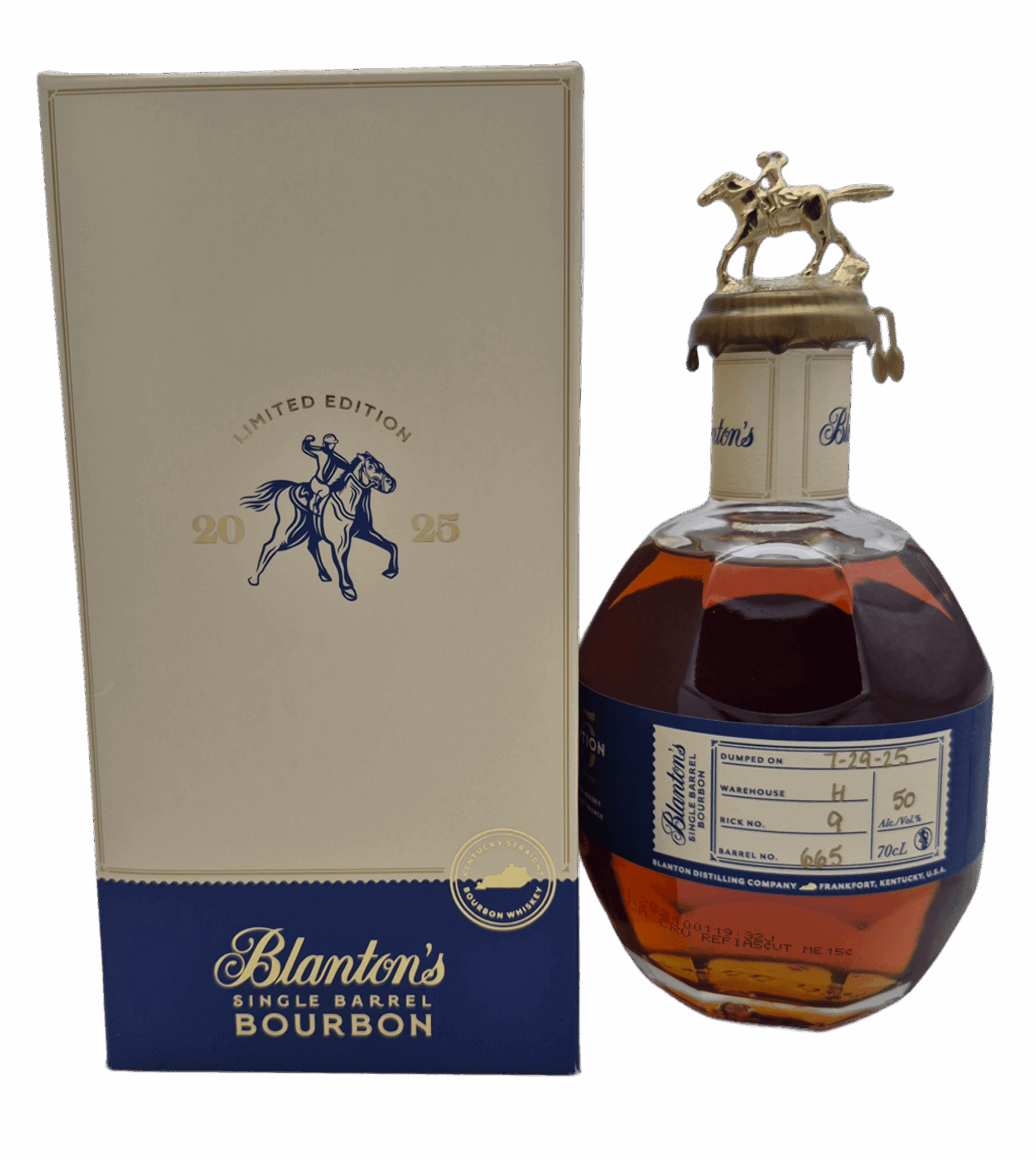 bourbon-blanton's-barrel-665 Bouteille de bourbon Blanton’s Single Barrel numéro 665, avec bouchon métallique équestre, accompagnée d’un emballage-carton “Limited Edition 2015-1995”, couleur ambrée.