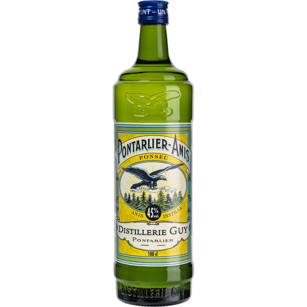 Bouteille d’absinthe Pontarlier-Anis verte, étiquette jaune et bleue affichant distillerie Guy, logo oiseaux, goulot bleu, 100 cl. – comment reconnaître une absinthe de qualité.