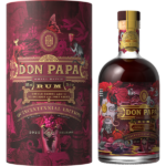 Rhum Don Papa Quintennial Edition 2025 70 cl bouteille élégante sur fond illustré éclectique et boîte assortie.