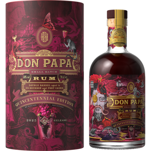 Rhum Don Papa Quintennial Edition 2025 70 cl bouteille élégante sur fond illustré éclectique et boîte assortie.