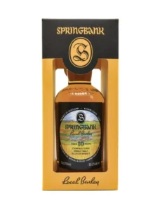 Whisky Springbank 10 ans Local barley en flacon dans sa boîte jaune et noire, étiquette colorée affichant “Local Barley” et “Aged 10 years”.