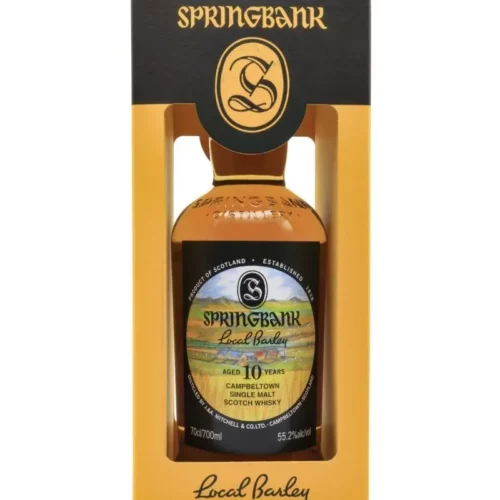 Whisky Springbank 10 ans Local barley en flacon dans sa boîte jaune et noire, étiquette colorée affichant “Local Barley” et “Aged 10 years”.