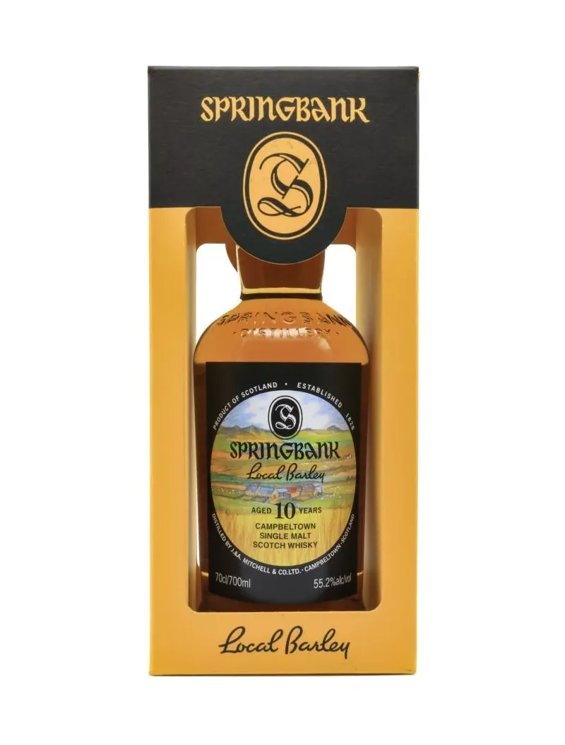 springbank-10-ans-local-barley-2025-55-2 Whisky Springbank 10 ans Local barley en flacon dans sa boîte jaune et noire, étiquette colorée affichant “Local Barley” et “Aged 10 years”.