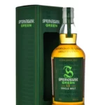 Whisky Springbank Green 13 ans en flacon réutilisable 70 cl, avec boîte verte assortie et étiquette verte « Green ».