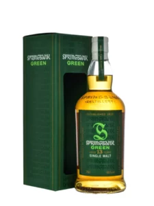 Whisky Springbank Green 13 ans en flacon réutilisable 70 cl, avec boîte verte assortie et étiquette verte « Green ».