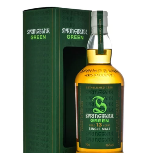 Whisky Springbank Green 13 ans en flacon réutilisable 70 cl, avec boîte verte assortie et étiquette verte « Green ».