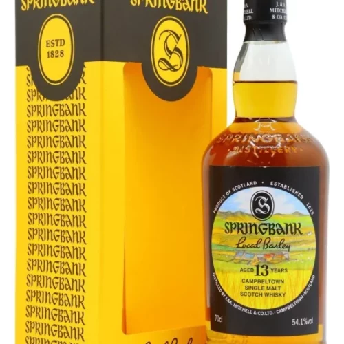 Whisky Springbank 13 ans Local Barley, bouteille étiquetée, accompagnée de sa boîte rigide jaune et noire Springbank.
