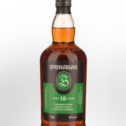 Springbank 15 ans : single malt écossais de prestige, bouteille ambrée avec étiquette verte et logo noticeable au centre.