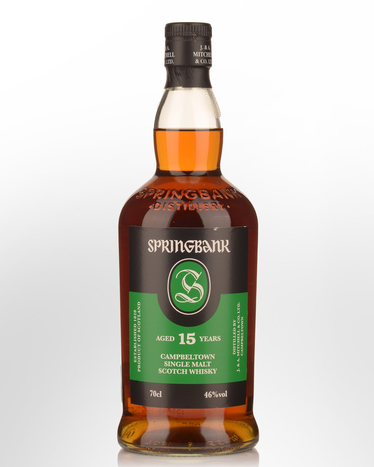 springbank-15-ans Springbank 15 ans : single malt écossais de prestige, bouteille ambrée avec étiquette verte et logo noticeable au centre.