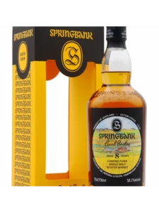 Whisky Springbank 8 ans Local Barley 2024 dans sa bouteille, présentée avec son emballage noir et jaune.